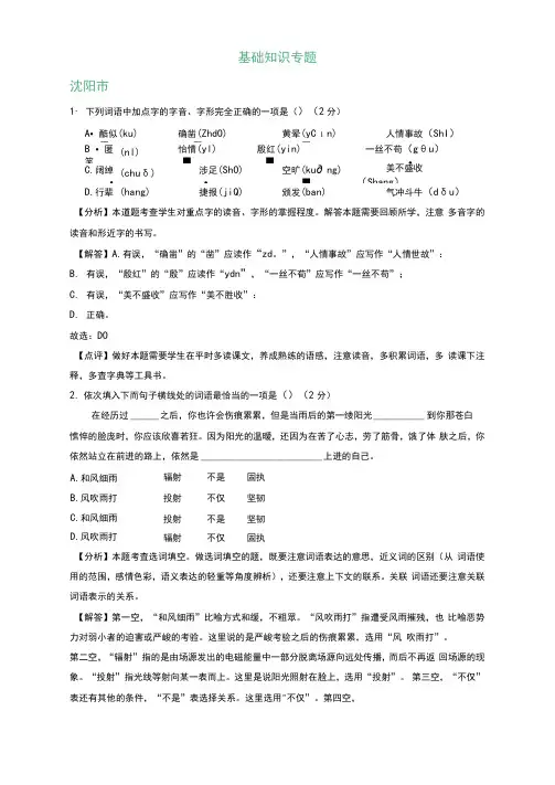2020年中考语文解析版试卷精选汇编：基础知识专题