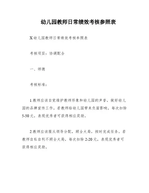 幼儿园教师日常绩效考核参照表