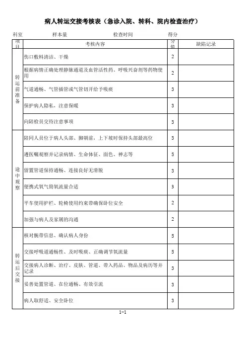 病人转运交接考核表(急诊入院、转科、院内检查治疗)