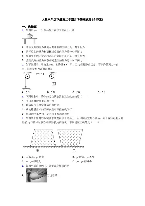 人教八年级下册第二学期月考物理试卷(含答案)