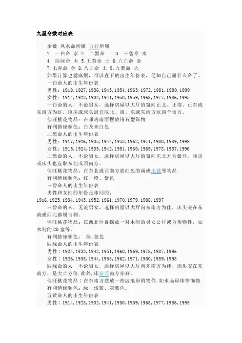 九星命数对应表