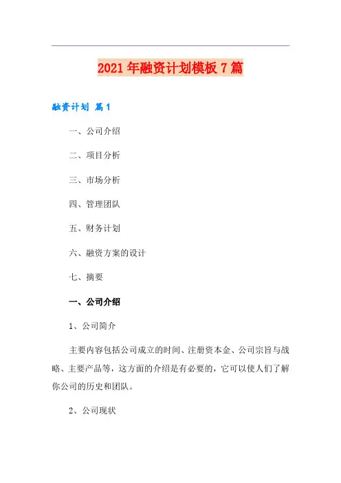 2021年融资计划模板7篇