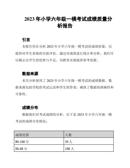 2023年小学六年级一模考试成绩质量分析报告