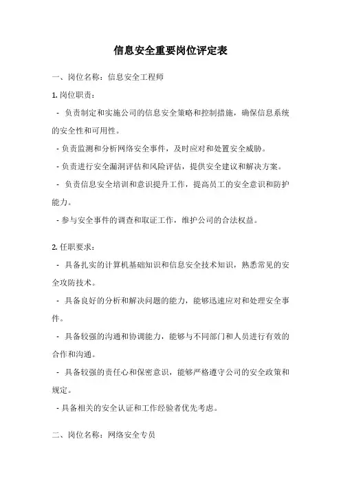 信息安全重要岗位评定表
