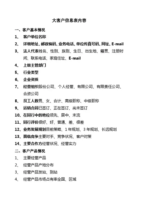 大客户档案表内容