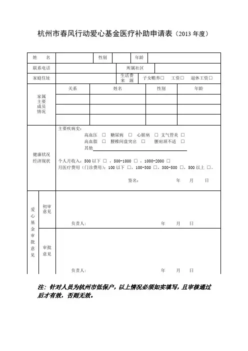 低保户爱心基金医疗补助申请表