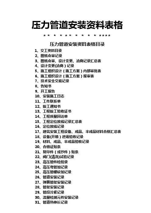 压力管道安装 记录表格