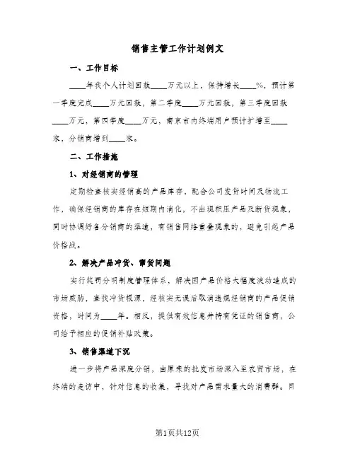 销售主管工作计划例文（五篇）