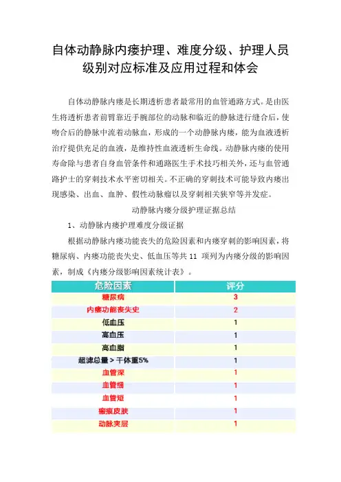 自体动静脉内瘘护理、难度分级、护理人员级别对应标准及应用过程和体会