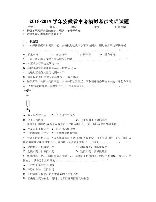 最新2018-2019学年安徽省中考模拟考试物理试题及解析