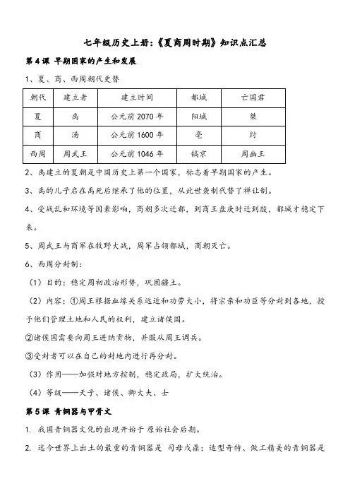 七年级历史上册：《夏商周时期》知识点汇总