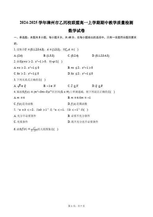 2024-2025学年福建省漳州市上学期乙丙校联盟高一期中教学质量检测数学试卷(含答案)