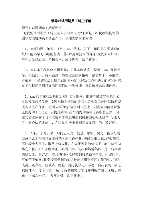 领导对试用期员工转正评语（参考）