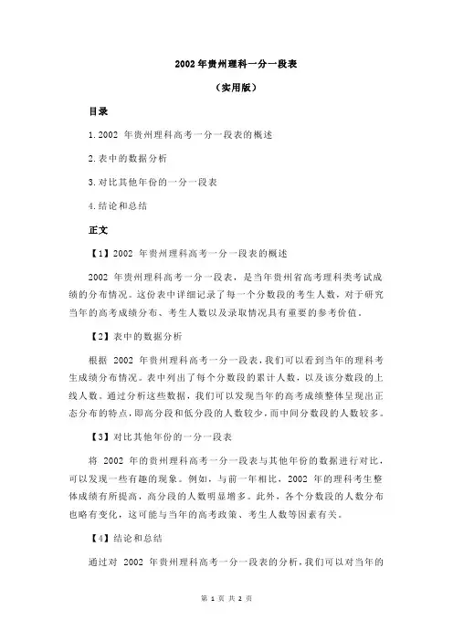 2002年贵州理科一分一段表