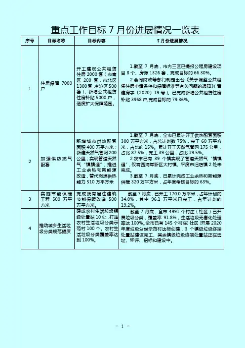 重点工作目标7月份进展情况一览表