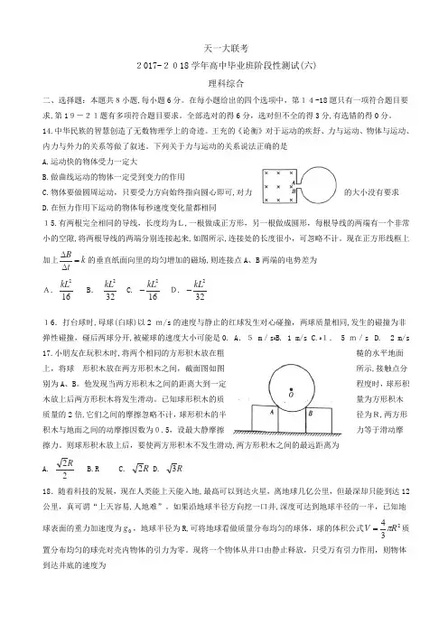河南省天一大联考2018届高中毕业班阶段性测试(六)-理综物理-Word版含标准答案