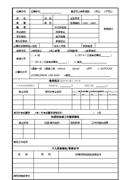 校园招聘职位申请表【模板】