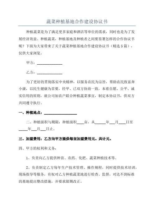 蔬菜种植基地合作建设协议书