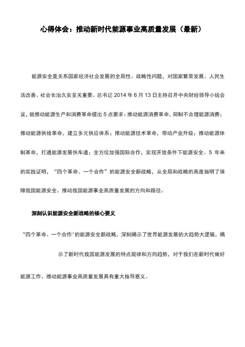 心得体会：推动新时代能源事业高质量发展