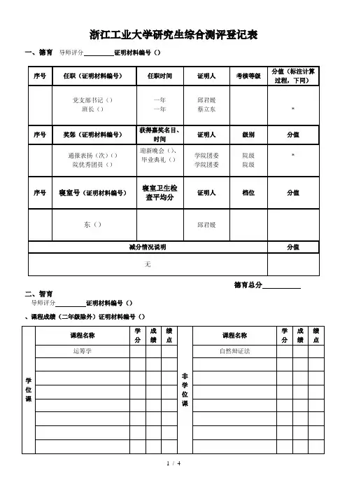 浙江工业大学研究生综合测评登记表