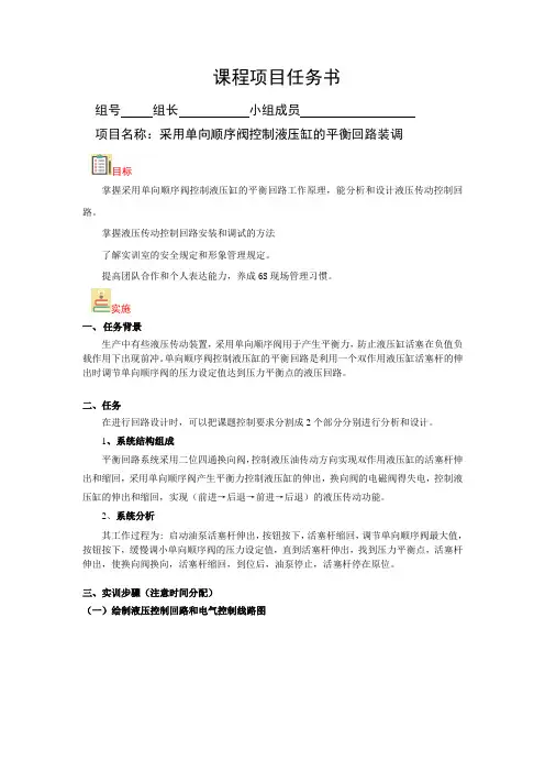 04 液压与气动技术 课程项目任务书(采用单向顺序阀控制液压缸的平衡回路装调)
