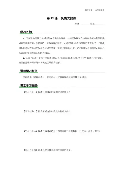 初中历史八年级下册-12[预习导学]民族大团结