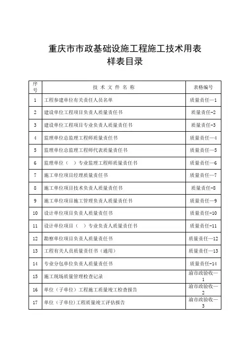 重庆市市政基础设施工程施工技术用表一览表