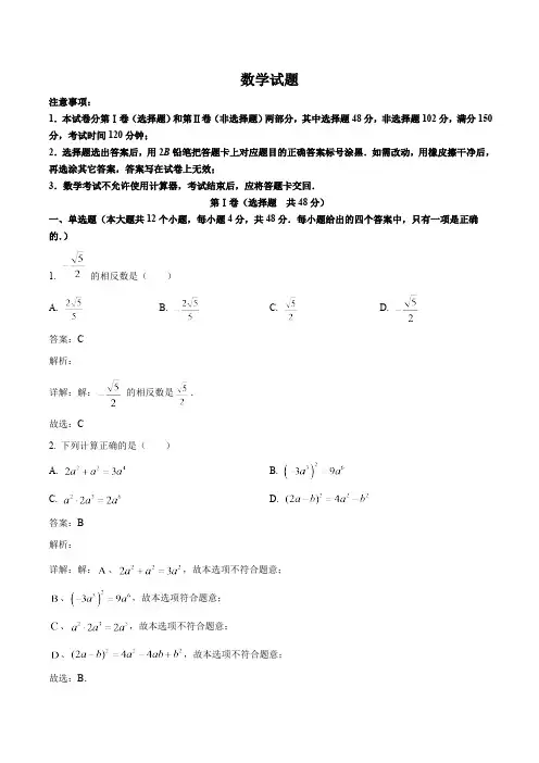 山东省泰安市东平县2024届九年级下学期中考一模数学试卷(含解析)