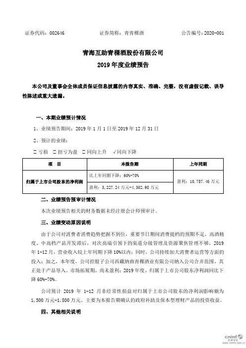 青青稞酒：2019年度业绩预告