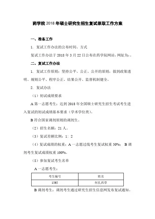 药学院2018年硕士研究生招生复试录取工作方案