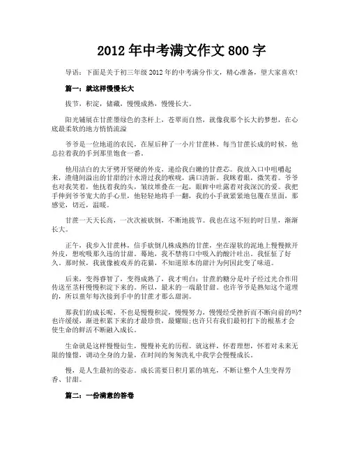 2012年中考满文作文800字