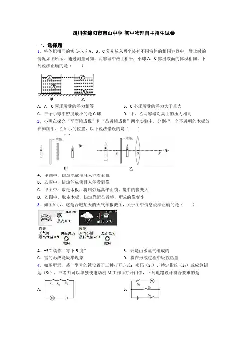 四川省绵阳市南山中学 初中物理自主招生试卷