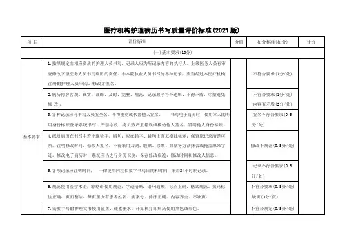 医疗机构护理病历书写质量评价标准(2021版)