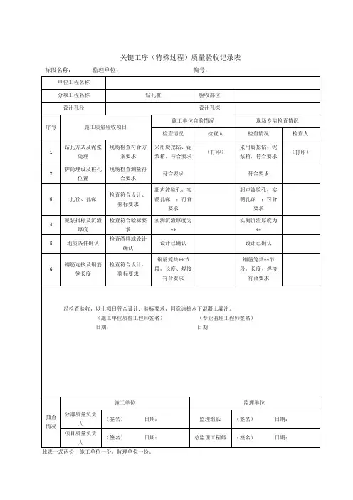 桥梁关键工序(特殊过程)质量验收记录表