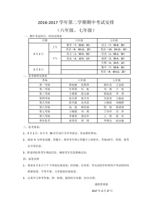 2016-2017学年第二学期期中考试安排