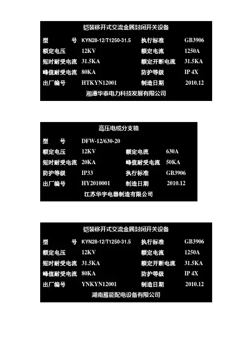 KYN28-12-1250-高压铭牌黑色的模板