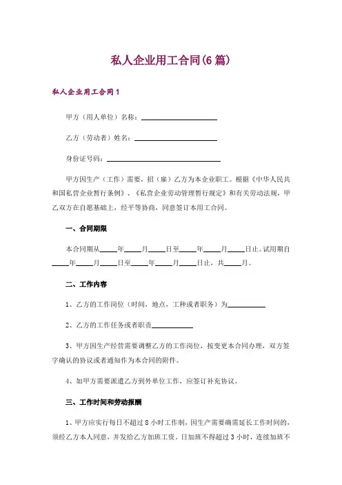 私人企业用工合同(6篇)
