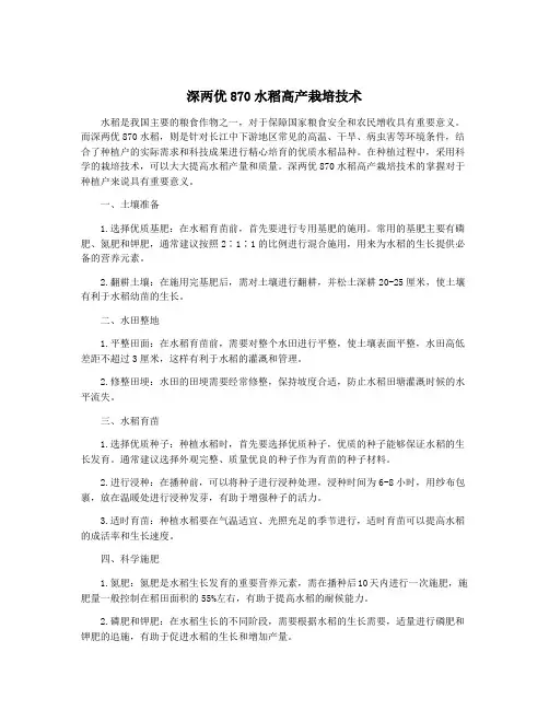 深两优870水稻高产栽培技术