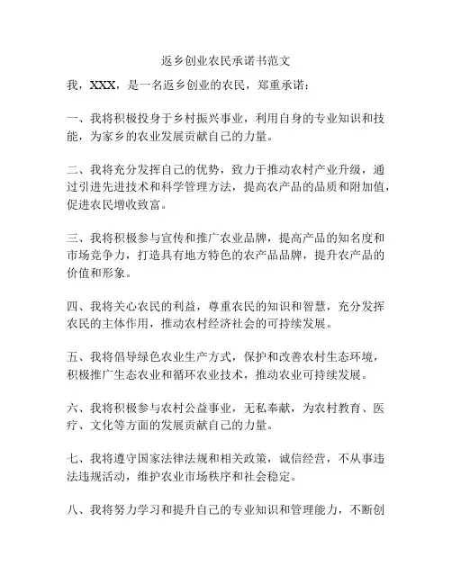 返乡创业农民承诺书范文