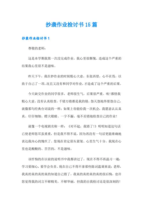 抄袭作业检讨书15篇