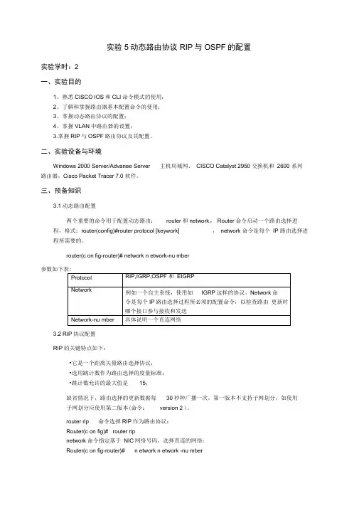 实验5动态路由协议RIP与OSPF的配置