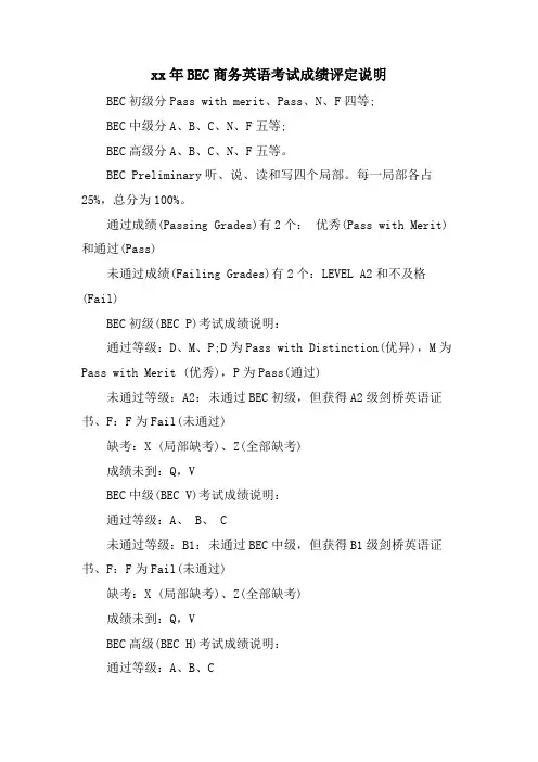 BEC商务英语考试成绩评定说明