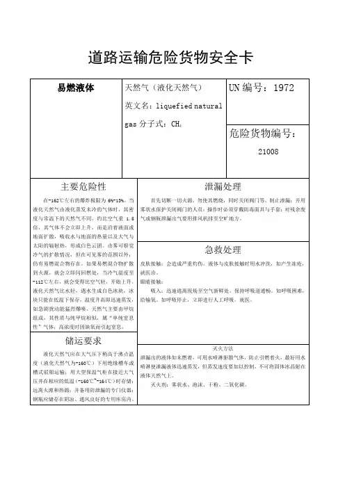 LNG道路运输危险货物安全卡液化天然气