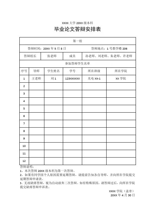 大学生毕业论文答辩安排表