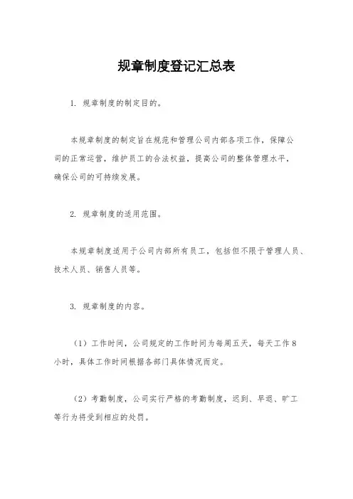 规章制度登记汇总表