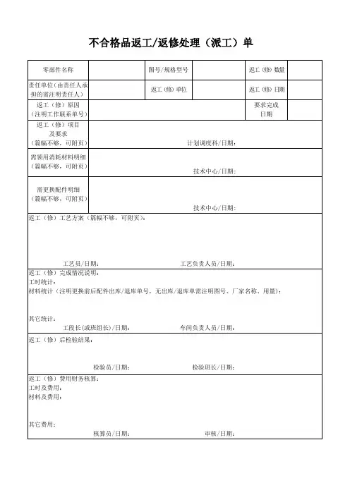 不合格品返工返修处理单