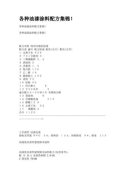 各种油漆涂料配方集锦