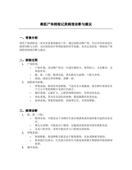 兽医尸体剖检记录病理诊断与建议