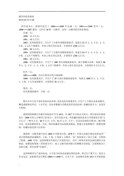硬币回收价格表
