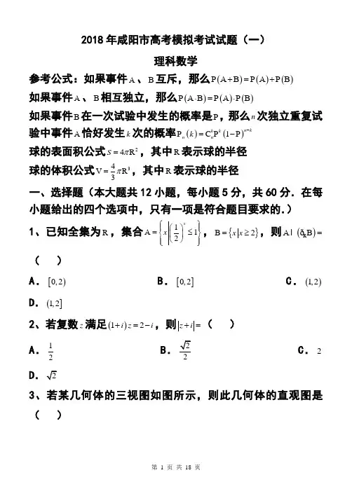最新-2018年陕西省咸阳市高考模拟考试(一)理科数学试题及答案2018 精品